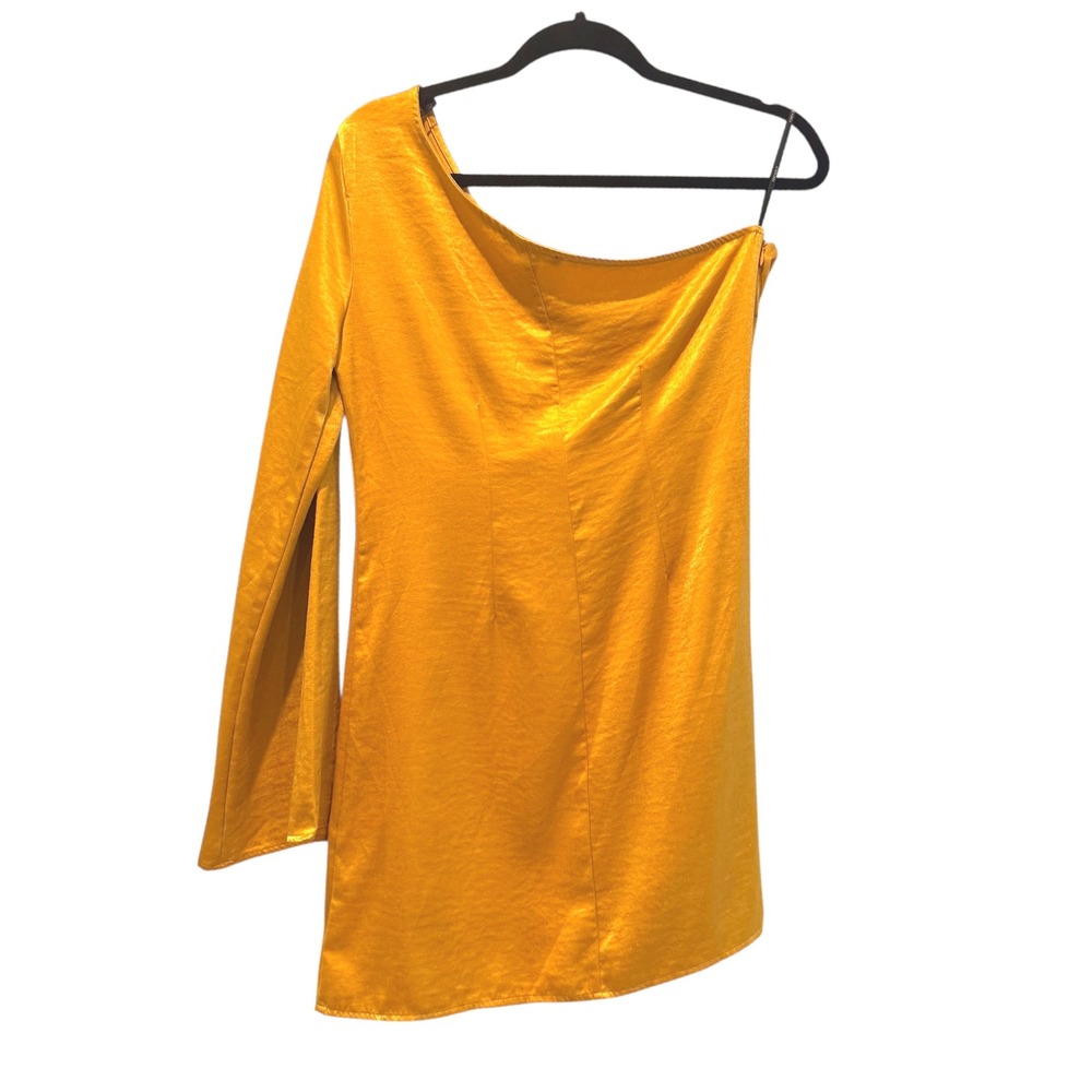 Forever 21 One Shoulder Gold Dress Long Bell Sleeve Party‎ Cocktail Womens Large